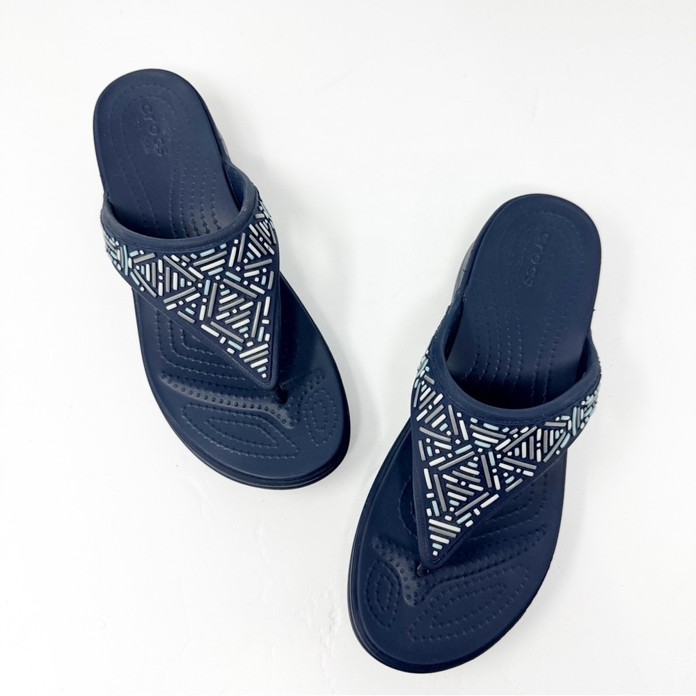 Crocs Monterey Beaded Wedge Flip Flops Sandals Navy Blue Size 9